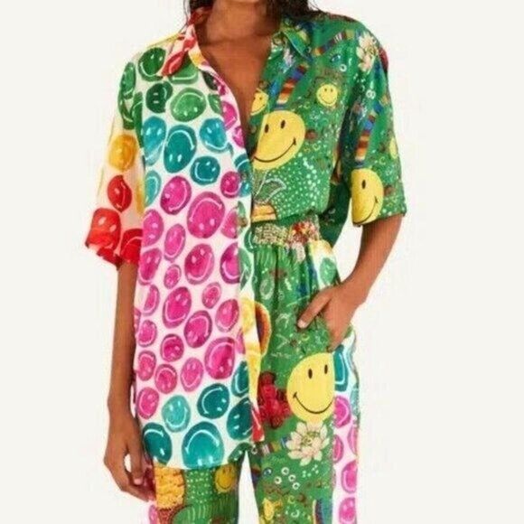 FARM Rio Mixed Print Smiley Colorful Short Sleeve Button Down Top L - Picture 1 of 7